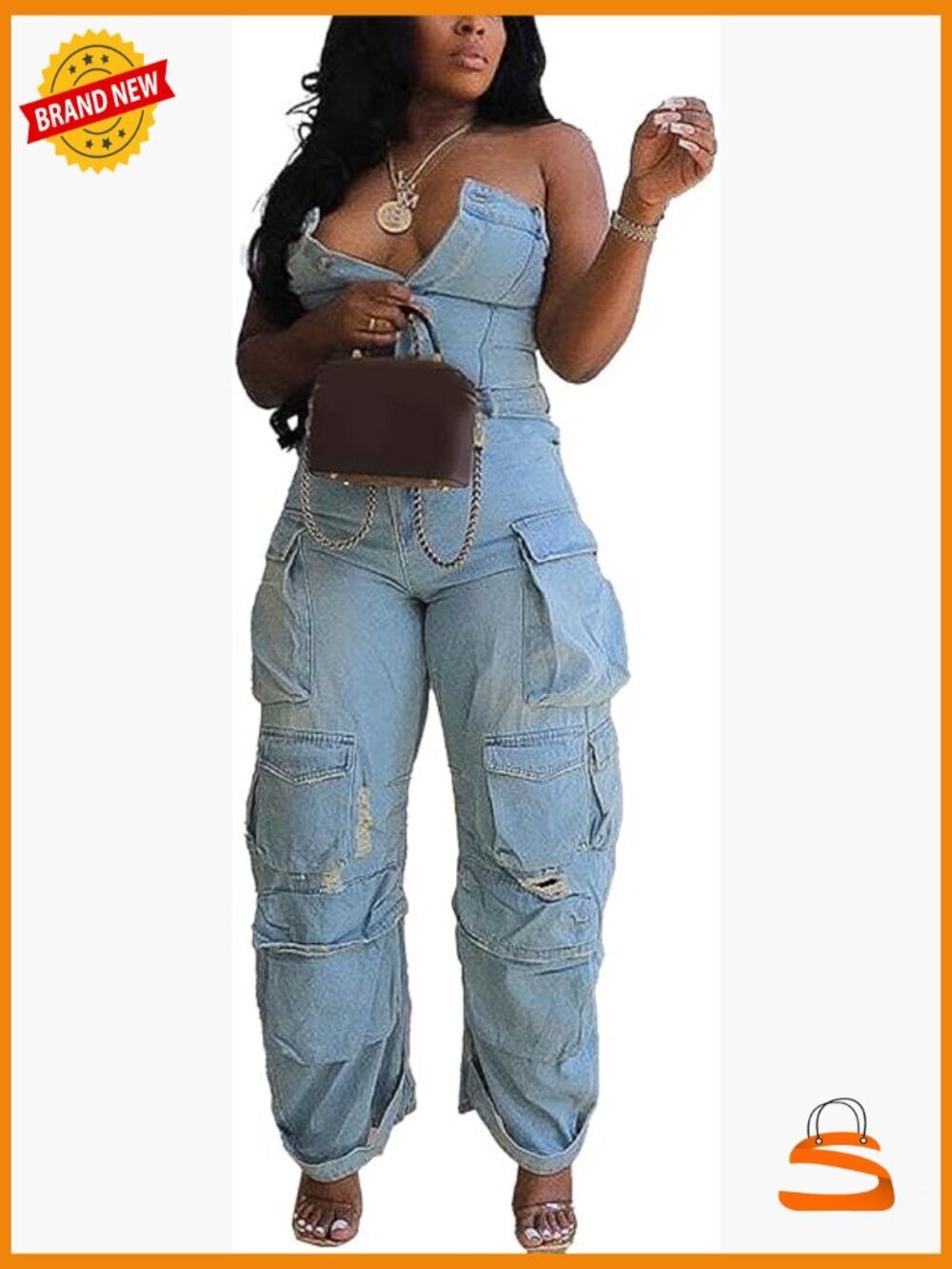 Cargo Denim Jumpsuit with Pockets Button Down Straight Leg